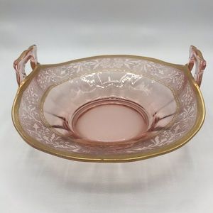 Vtg etched gold depression glass handled compote